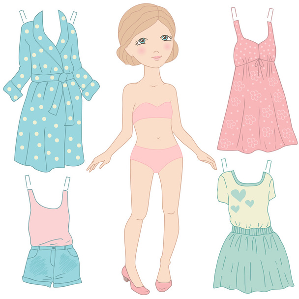 Dress up paper doll. Women clothing. Game,vector illustration. - Vector, Image