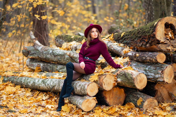 Schöne Mädchen in gemütlichen gestrickten weinroten Kleid und Hut sitzt auf der Natur mit herbstlichem Hintergrund. Hübsches Model posiert. - Foto, Bild