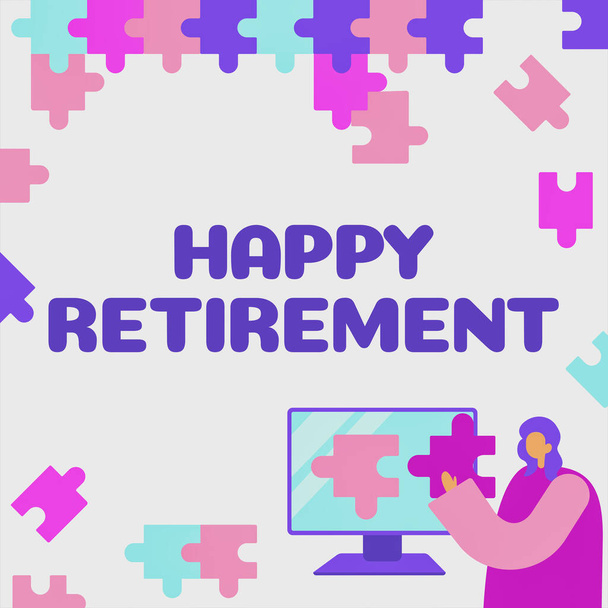 Firma mostrando Happy Retirement, escaparate de negocios con un cheque de pensión mensual confiable Viviendo el trabajo - Foto, Imagen