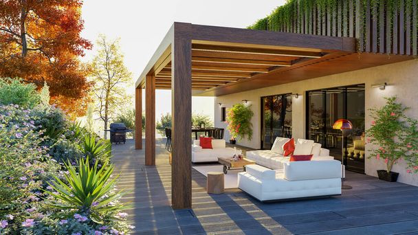 Illustration 3D du patio privé de luxe avec pergola en bois de teck. Terrasse ensoleillée avec canapés décoratifs et table dressée entourée d'un jardin fleuri.  - Photo, image