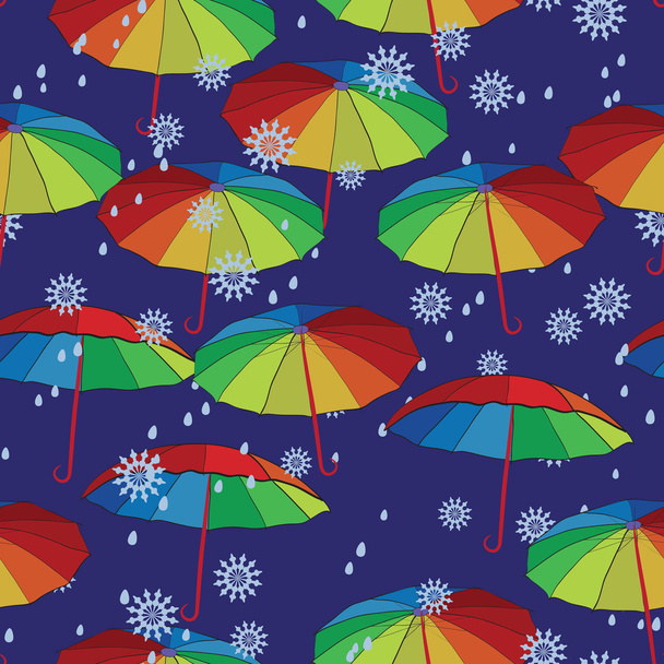 Colorful umbrellas against the backdrop of snow and rain. Seamle - Vector, Image