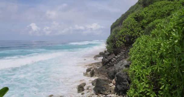 砂や石と熱帯のビーチ。大きな波と砂浜と青い海 - 映像、動画