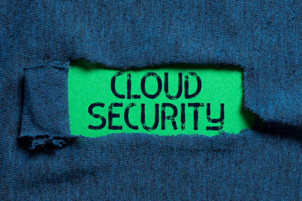 Teksti merkki, joka näyttää Cloud Security, Sana, jolla asetetaan suojattu järjestelmä olemassa olevien tietojen Internetissä - Valokuva, kuva