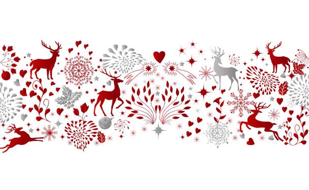 Saludos, fondo con tarjeta de Navidad de Año Nuevo, cartel de felicitación navideña, muchos elementos organizados. Estilo escandinavo popular rojo. Ilustración general - Vector, Imagen