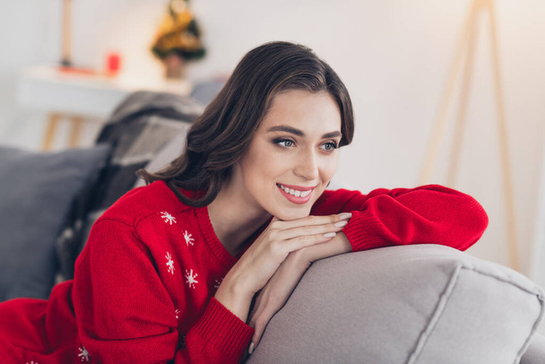 Photo of nice cute pretty adorable lady sitting couch indoors room enjoy cozy day magic time look out window admire shiny frosty day. - Zdjęcie, obraz