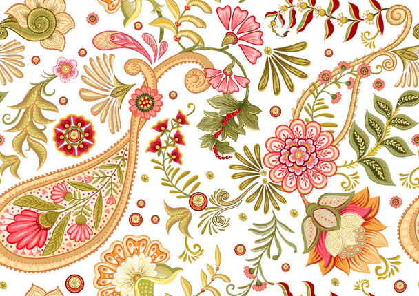 Fantasy flowers in retro, vintage, jacobean embroidery style. Paisley seamless pattern, background. Vector illustration. - Vector, imagen