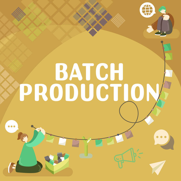 Borden tonen Batch Productie, Business concept producten worden vervaardigd in groepen genaamd batches - Foto, afbeelding