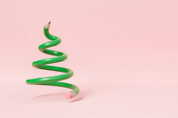 3d rendering of wooden green colored pencil in spiral shape of New Year celebration tree on pink background - Photo, Image