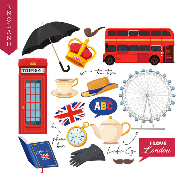 Cultural symbols of the United Kingdom. Elements for creative design, greeting cards, posters, banners, prints, patterns, and British themed invitations. - Vector, Image