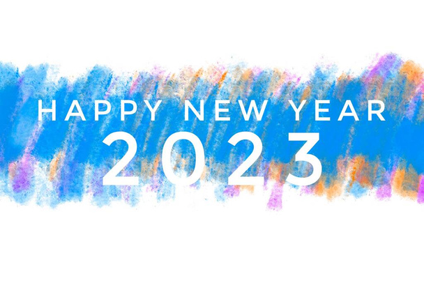 'HAPPY NOVO ANO 2023 na mão borrada desenho cores do arco-íris fundo, conceito para cartão de convite saudação e feliz ano novo 2023 conceito. - Foto, Imagem