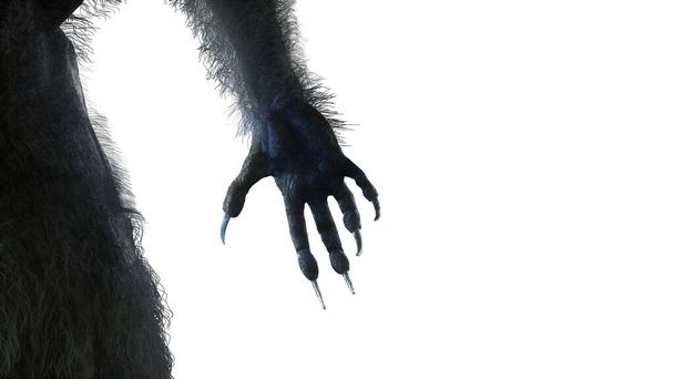 mano monstruo asustadizo, pata de hombre lobo peludo para fondo de Halloween renderizar ilustración 3d sobre fondo blanco - Foto, imagen