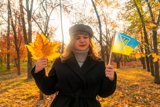 Осінній ліс. Сонячний день. Жовте листя впало з дерев. Дівчинка в чорному пальто тримає жовте листя і жовто-синій прапор України в своїх руках. Національні символи України - Фото, зображення