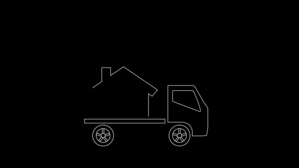 Szállítás és házhozszállítás. Megjelenés Sziluett egy teherautó és egy sárga ház fekete háttér. Videó. 4k felbontás.  - Felvétel, videó