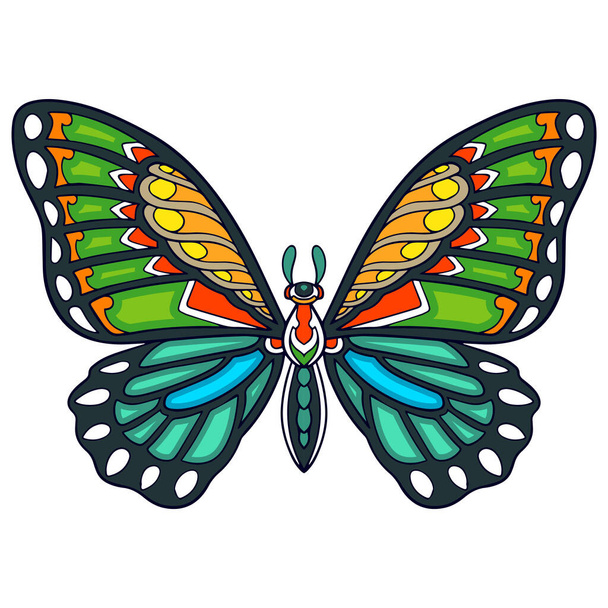 Bunte Schmetterling Mandala Kunst isoliert auf weißem Hintergrund - Vektor, Bild