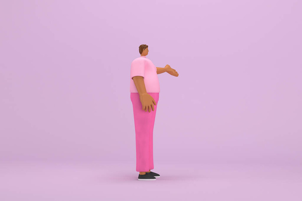 Чёрный мужчина в розовой одежде. Он является выражением тела и руки, когда говорит. 3d иллюстрация персонажа мультфильма в актерской игре. - Фото, изображение