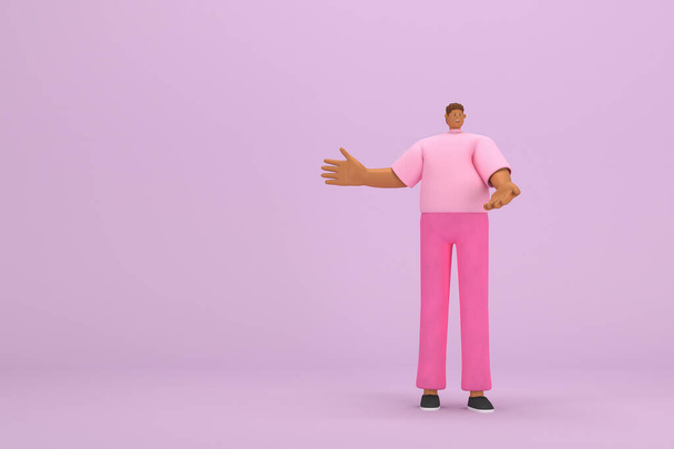 De zwarte man met roze kleren. Hij is de uitdrukking van lichaam en hand wanneer hij spreekt. 3d weergave van stripfiguur in acteren. - Foto, afbeelding