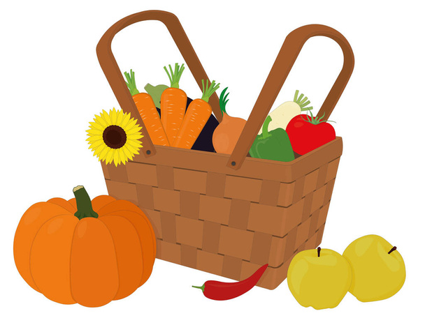 Feliz día de acción de gracias, tiempo de cosecha feliz, cesta con verduras de otoño e ilustración de vectores de frutas - Vector, Imagen