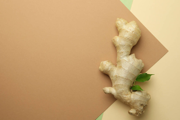 Fresh ginger with green leaves on color background, top view. Space for text - Fotoğraf, Görsel