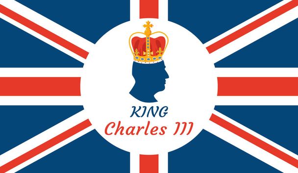 Král Karel III. Banner na oslavu korunovace a vlády britského trůnu. Plochá vektorová ilustrace. - Vektor, obrázek