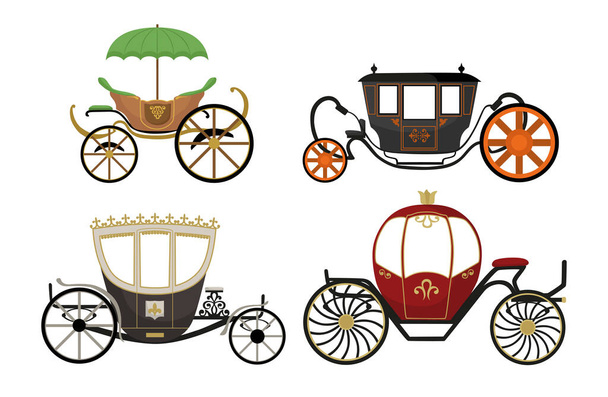Set di carrozze reali colorate in stile cartone animato. Illustrazione vettoriale di carri per trasportare re, principesse o semplicemente ordinare matrimoni su sfondo bianco. - Vettoriali, immagini