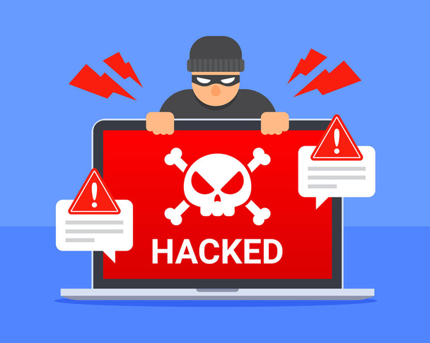 Hacked laptop with skull, hacker, and system warning message. Concept of computer hacking, cybercrime, virus, malware, or cyber security. Flat cartoon vector icon. Technology threat illustration. - Vector, Image