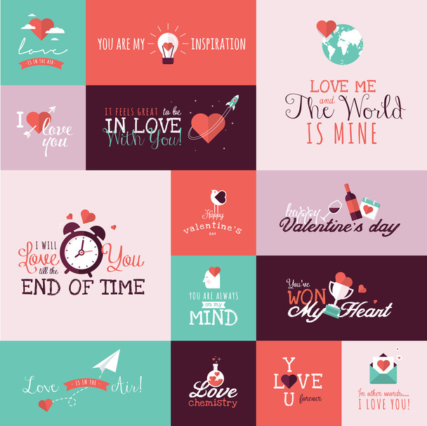 Conjunto de carteles de San Valentín de diseño plano para tarjetas de felicitación, pancartas web, insignias, anuncios y materiales impresos
 - Vector, imagen