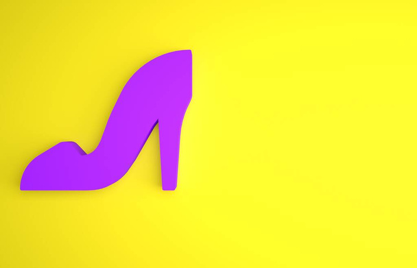 Chaussure femme violette avec icône à talon haut isolée sur fond jaune. Concept de minimalisme. Illustration de rendu 3D. - Photo, image