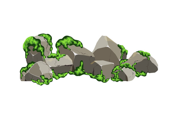 Kıyı çakıl taşları, çakıl taşları, mineraller ve yeşil lichenli jeolojik oluşumlar. Yeşil yosunlu çeşitli şekillerde taşlar. Kaya parçaları, kayalar ve yapı malzemeleri.. - Vektör, Görsel