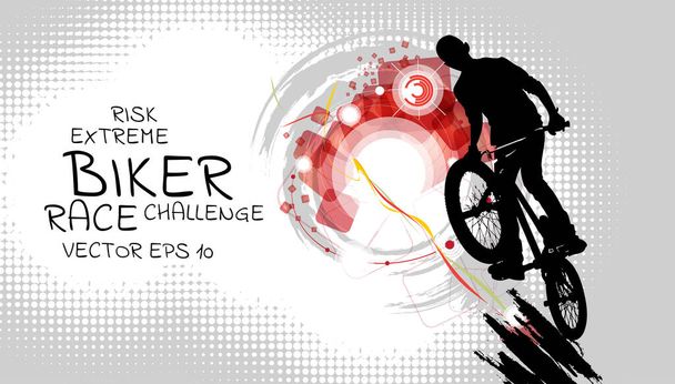 Banner vectorial o volante con ciclista en la bicicleta. Cartel abstracto de las competiciones BMX plantilla deportiva - Vector, Imagen