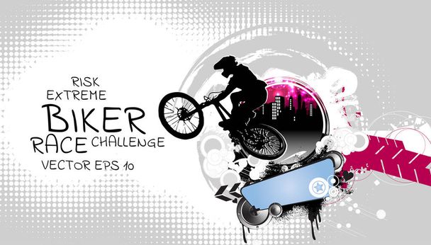 Banner vectorial o volante con ciclista en la bicicleta. Cartel abstracto de las competiciones BMX plantilla deportiva - Vector, imagen