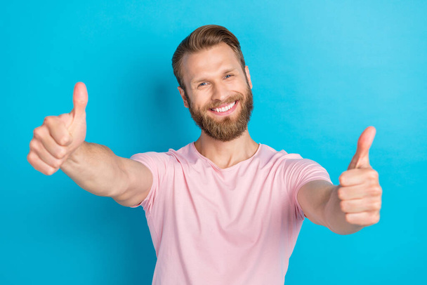 Photo portrait of handsome young man cheerful good mood double thumb up wear trendy pink outfit isolated on cyan color background. - Fotografie, Obrázek