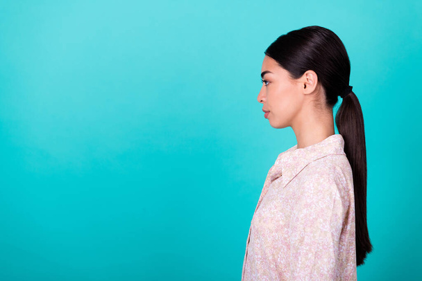 Profile photo of lovely young korean lady worker look empty space dressed stylish smart casual garment isolated on cyan color background. - Foto, Bild