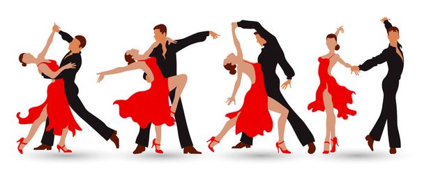 Танцующие пары. Мужчина и женщина танцуют танго или вальс. Красный и черный дизайн. Иллюстрация, вектор - Вектор,изображение