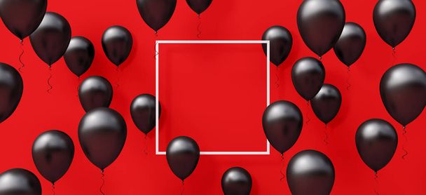 Finto con cornice vuota su sfondo rosso. Celebrazione e anniversario concetto con palloncini neri 3D rendere illustrazione 3d - Foto, immagini