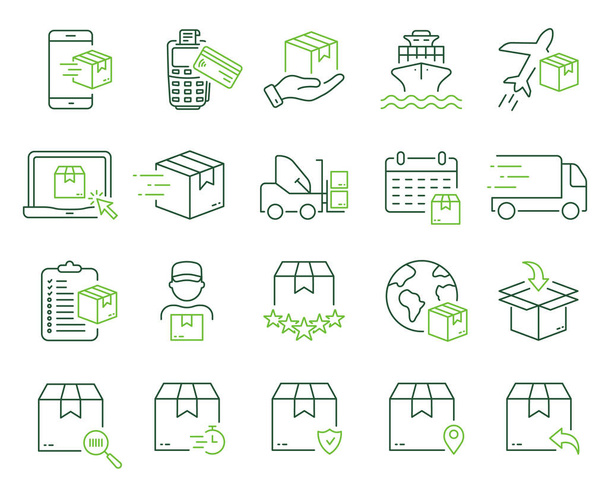 Delivery Service Line Icon. Package Cargo Shipment Logistic Linear Pictogram. Fast Air, Truck, Ship Post Transportation Order Parcel Box Outline Icon. Editable Stroke. Isolated Vector Illustration. - Vector, Image