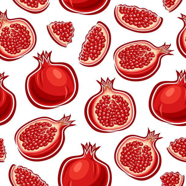 Vector Pomegranate Seamless Pattern, repeating background with cut out illustrations whole and sliced ripe pomegranates, group of flat lay various exotic fruits for home interior on white background - Vector, Image
