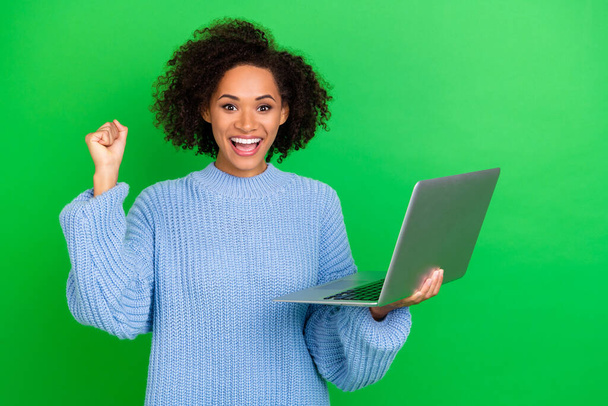 Photo of hooray boss lady hold laptop yell wear pullover isolated on green color background. - Photo, Image