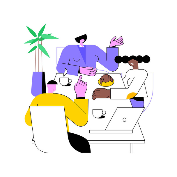Reunión de negocios ilustraciones vectoriales de dibujos animados aislados. Grupo de personas en el restaurante en una reunión de negocios, comer juntos en la cafetería, discutir temas importantes en el almuerzo vector de dibujos animados. - Vector, Imagen