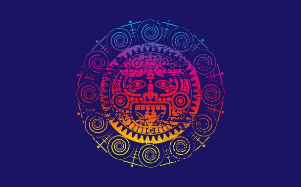 Antigo deus do sol Maia Sagrada, calendário de roda asteca, símbolos maias máscara étnica. Psychedelic redonda quadro borda velho ícone do logotipo. Grunge Mandala ilustração vetorial isolado no fundo azul  - Vetor, Imagem