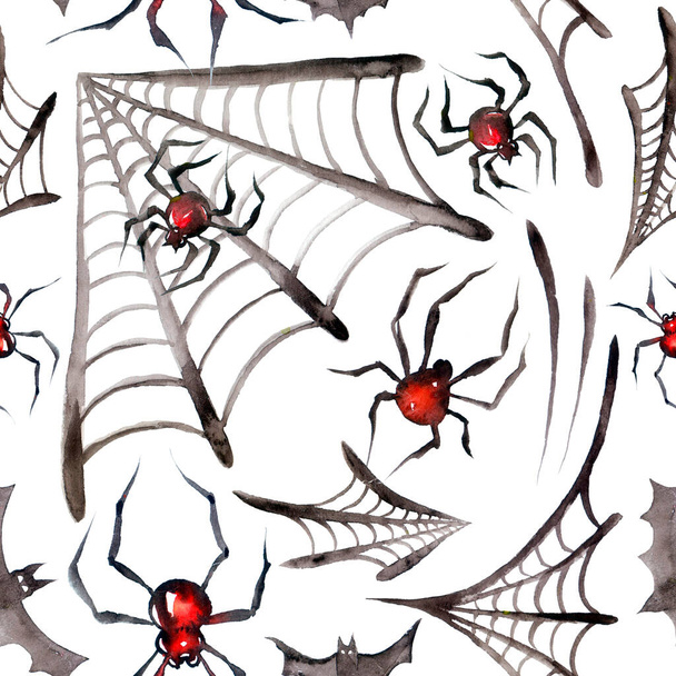 Spider web bezešvé vzor, akvarel dítě Haloween ilustrace, děti opakovat kreslení tisk. Strašidelné skandinávské umění, dětský design, roztomilé pavoučí tapety, zvířecí tkaniny pozadí. - Fotografie, Obrázek