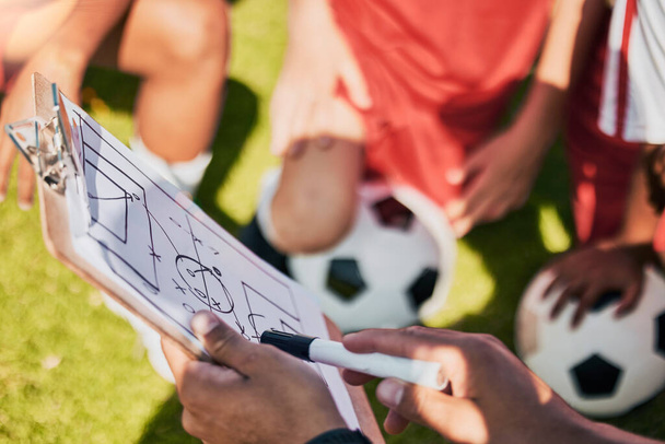 Soccer field strategy, coaching and planning with team for goals, training and learning game formation, advice and ideas for competition. Football manager, pitch drawing and teaching soccer players. - 写真・画像