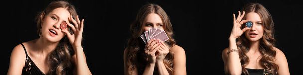 Set of beautiful young woman with poker chips and cards on dark background - Photo, Image