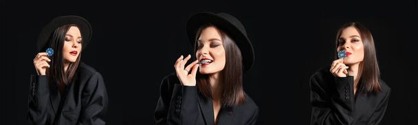 Набор красивой молодой женщины с фишками для покера на темном фоне - Фото, изображение