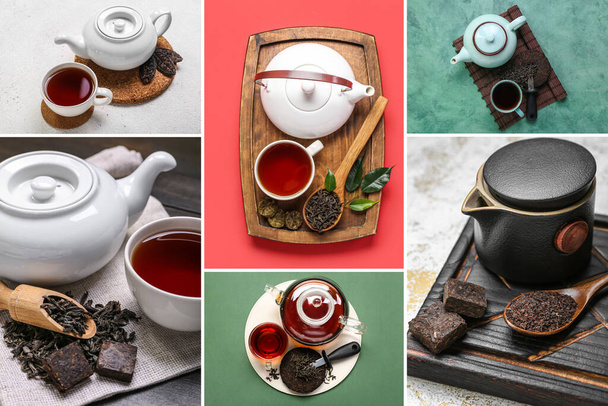 Collage con gustoso tè fresco puro  - Foto, immagini
