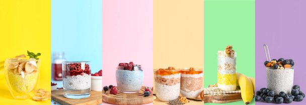 Zestaw smacznych chia puddingów z owocami, jagodami i orzechami na tle koloru - Zdjęcie, obraz