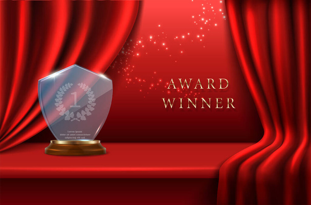 realistic vector background. Award nomination winner background with glass trophy with laurel on red velvet drapery stage. - Vector, Image