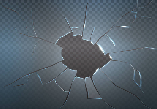 リアルなベクターアイコン。壊れたガラスの破片で銃の穴を割った。透明な背景に隔離された. - ベクター画像