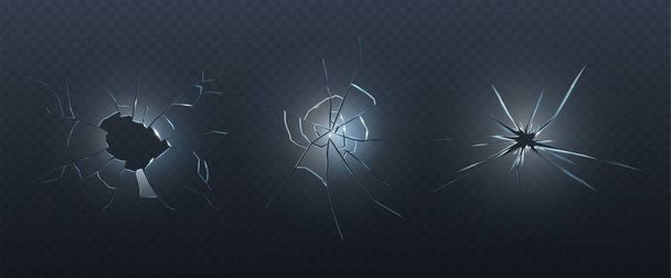 realistic vector icon set. Cracked crushed transparent glass with bullet holes. - Vector, Image