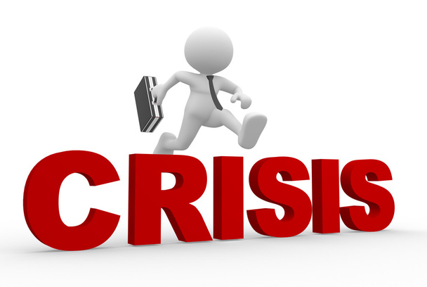 Biznesmen przeskakując słowo kryzys - Zdjęcie, obraz