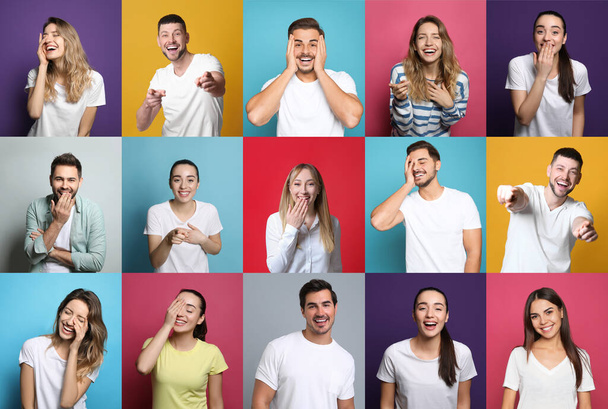 Kolaż ze zdjęciami ludzi śmiejących się na różnych kolorach tła - Zdjęcie, obraz